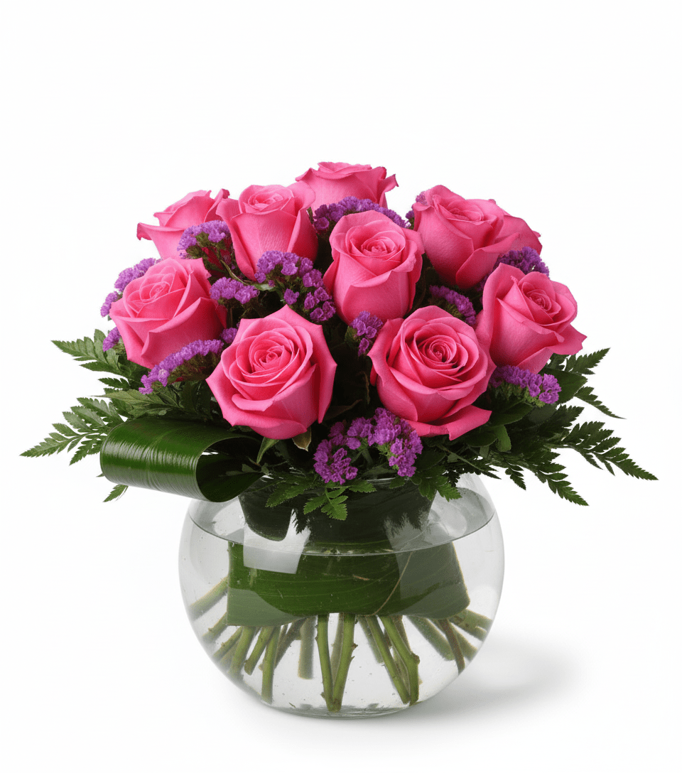 Low round glass bowl of hot pink roses with lavender statice and fern, styled with folded green leaves and visible stems in water.