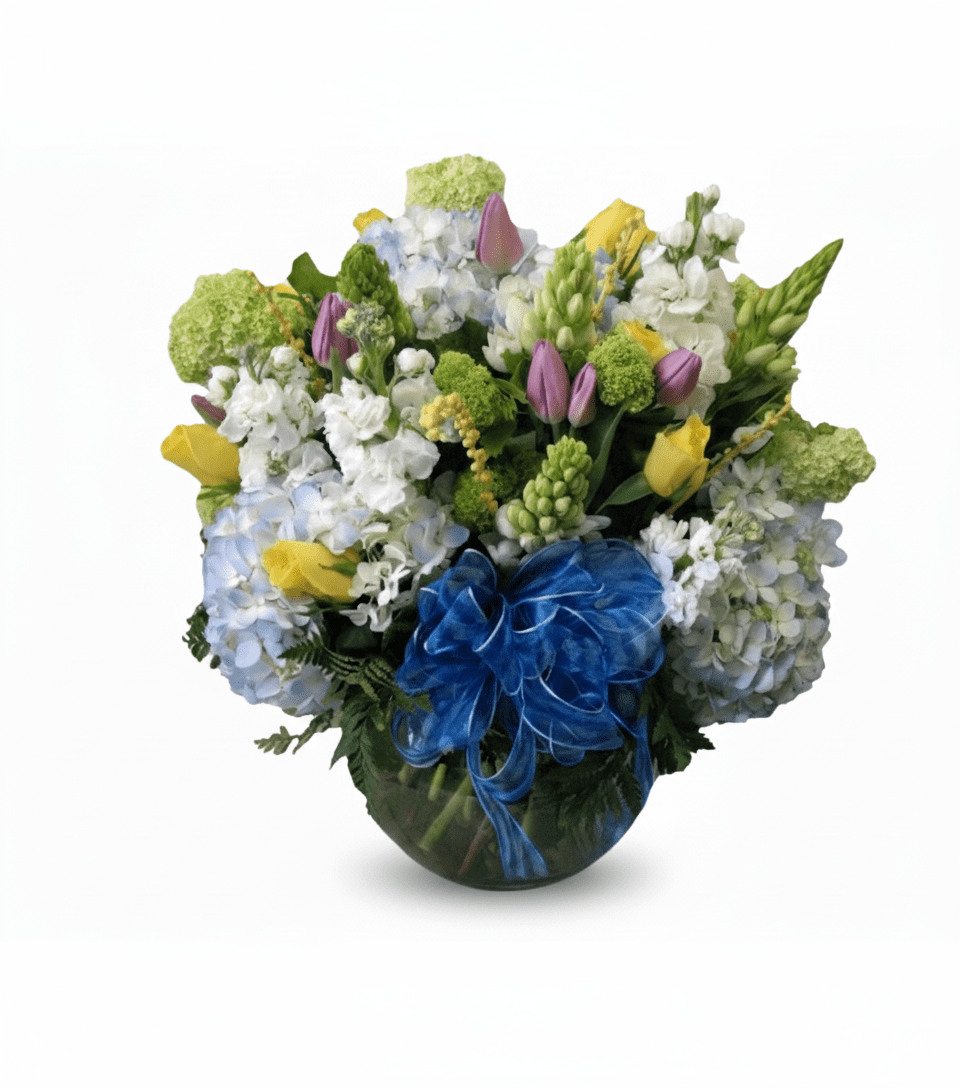 Colorful flower arrangement with a blue bow on a white background