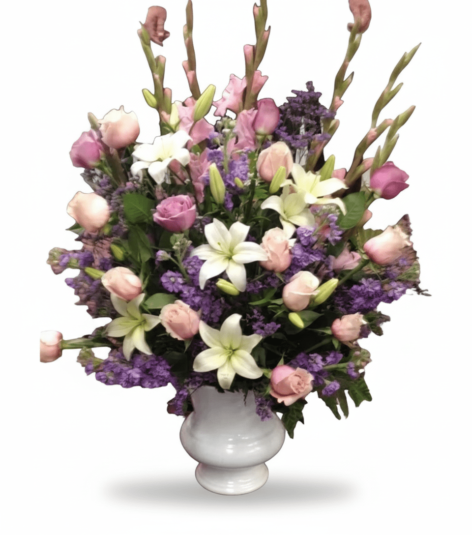 Bouquet of flowers with pink, white, and purple flowers in a white vase on a white background