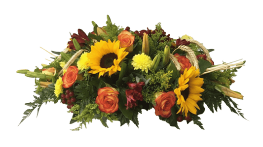 A large, glorious yellow floral arrangement, named 'Glorious Yellow,' featuring yellow roses and lilies on a tall wooden easel. The full, cascading design is appropriate for a sympathy or memorial service.