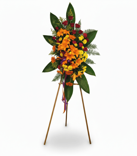 Colorful floral arrangement on a stand against a white background