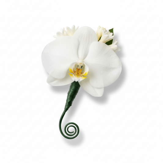 A sophisticated boutonnière featuring a large, pristine white Phalaenopsis orchid bloom with a yellow and orange center, accented by small white cluster flowers and a dark green spiraled stem, all against a pure white background.