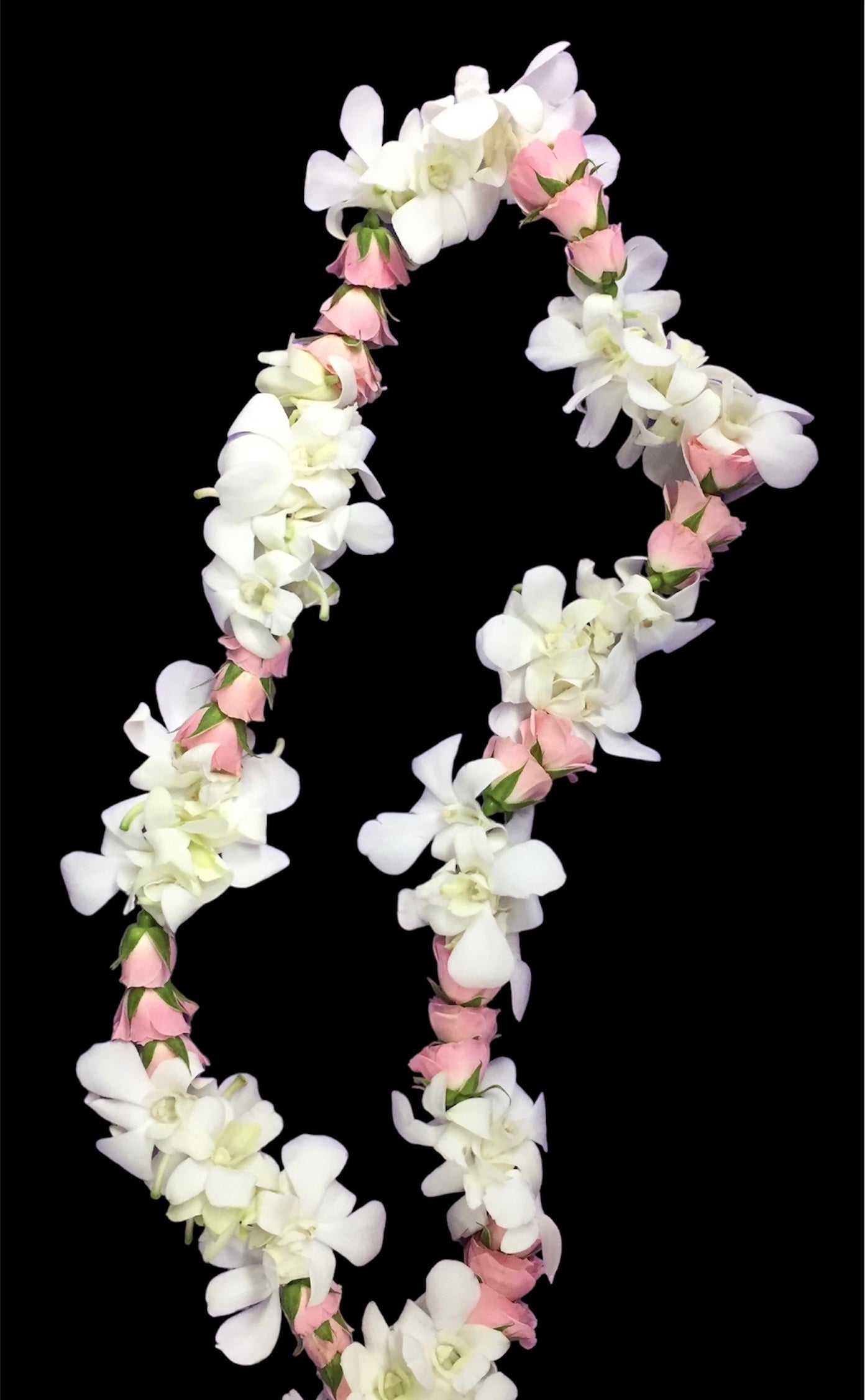Pink and white lei.