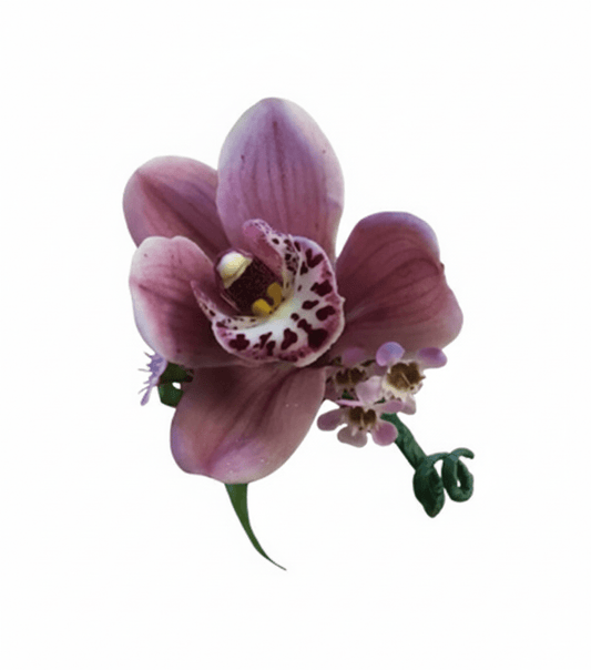 pink orchid boutonniere with delicate small flowers and a green stem, on a white background