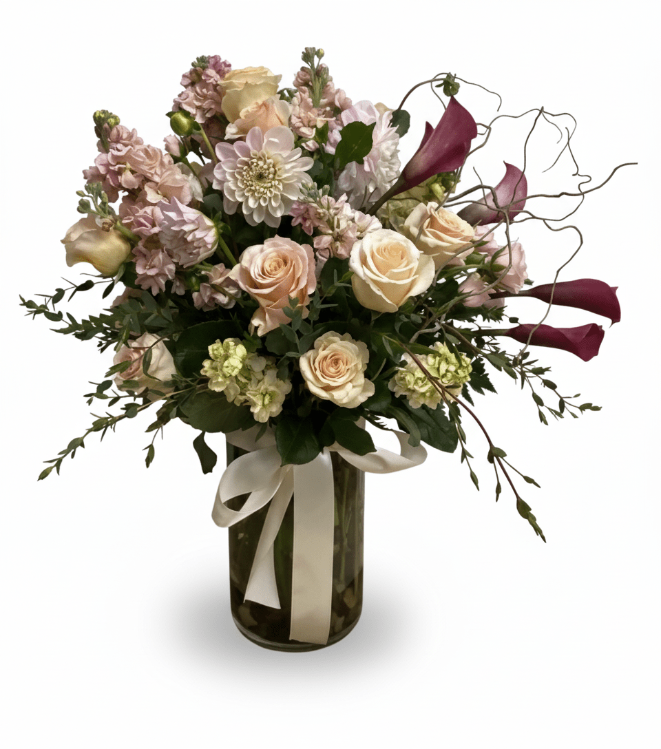 Bouquet of flowers in a clear vase.