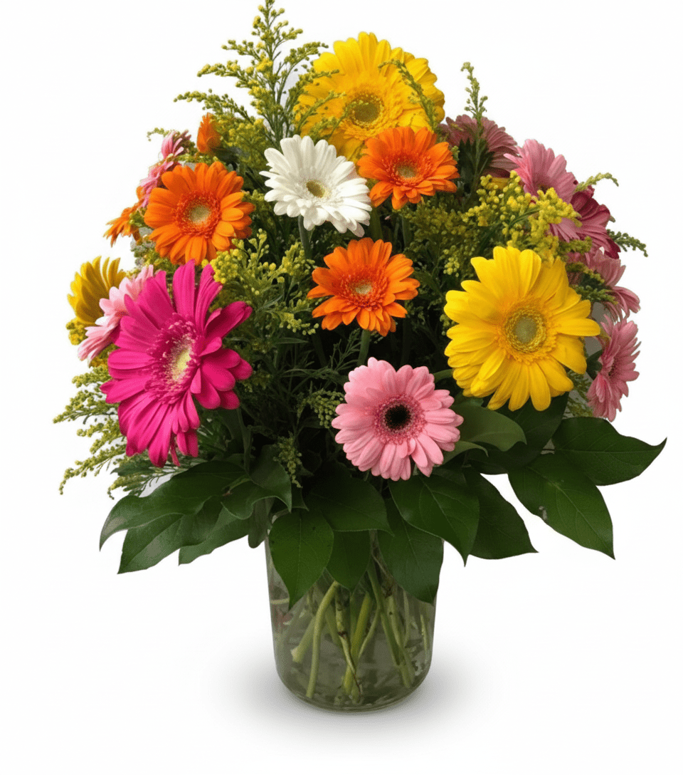 A vibrant floral arrangement named "Rainbow Gerber" is displayed in a clear glass vase. The bouquet features a variety of colorful gerbera daisies in shades of bright pink, orange, yellow, and white, arranged with green foliage and delicate yellow filler flowers.