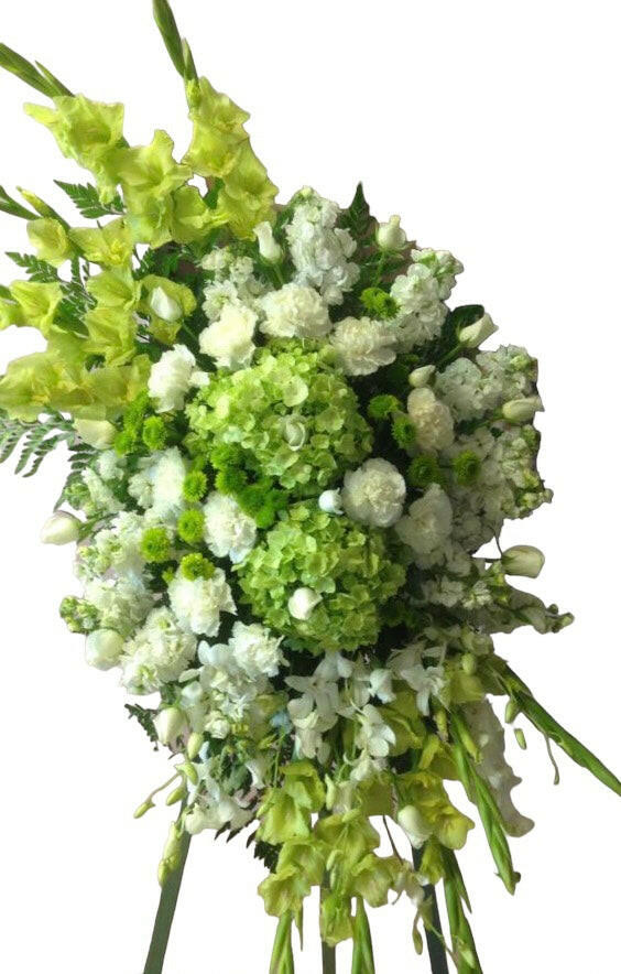 Bouquet of green and white flowers on a white background