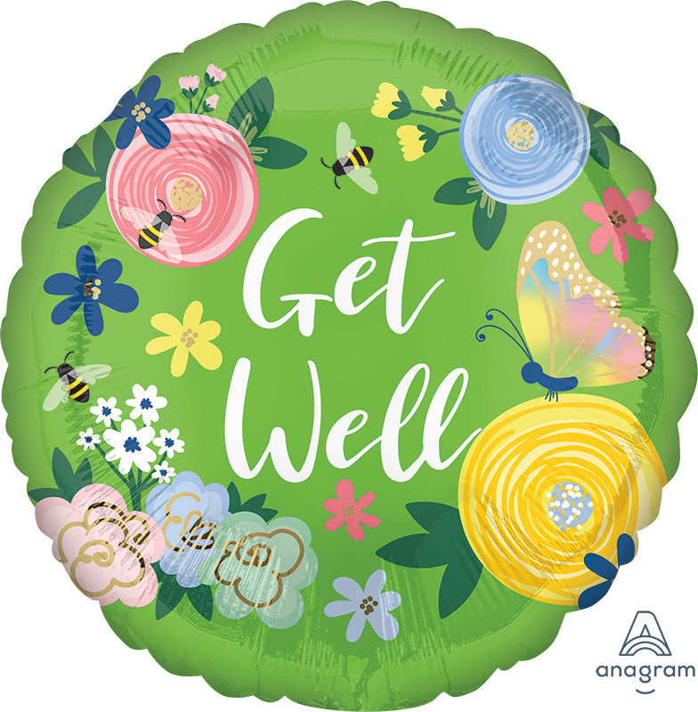 Decorative balloon with flowers, butterflies, and bees on a green background, featuring the text 'Get Well'.