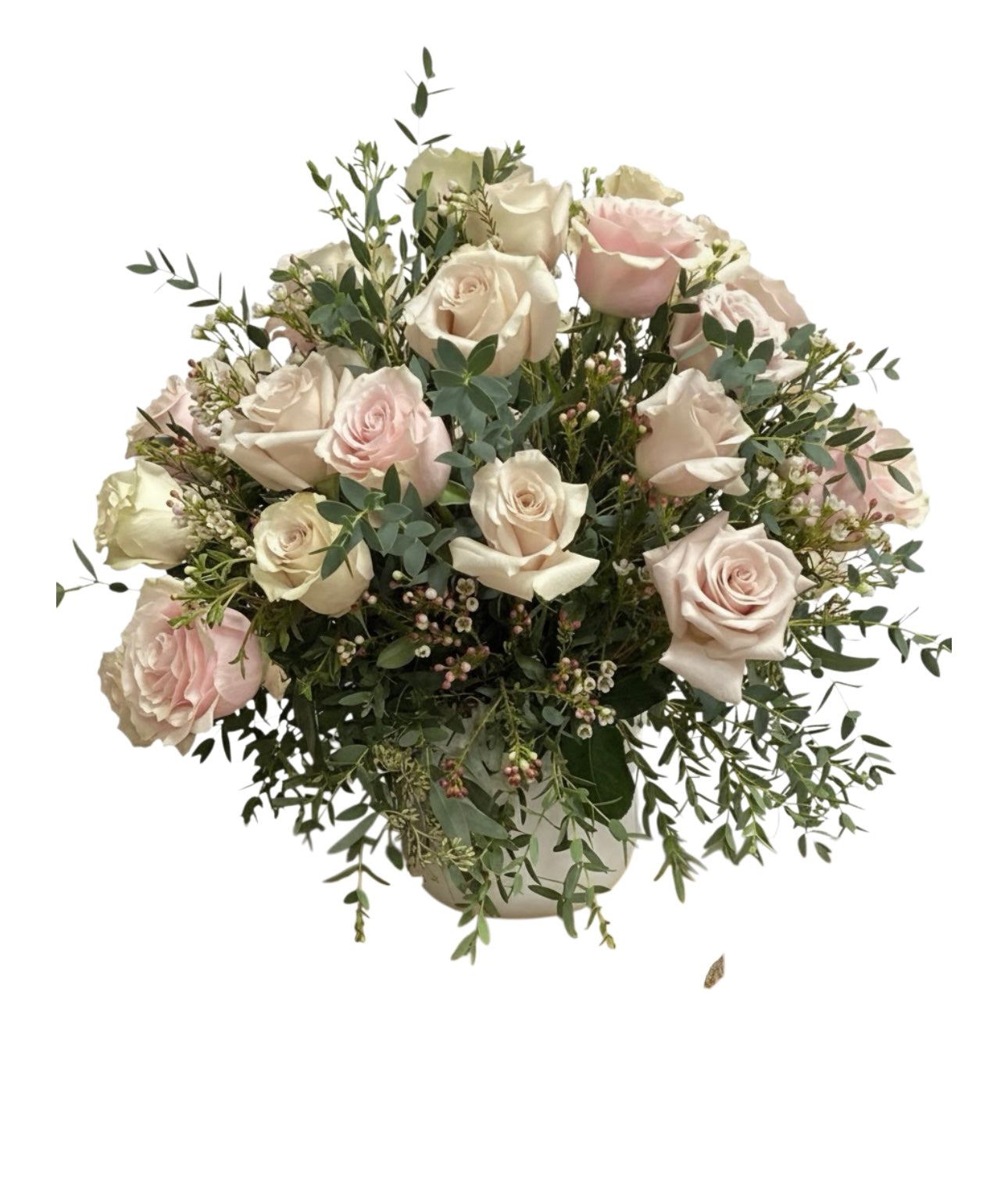 Bouquet of white and pink roses with greenery on a white background
