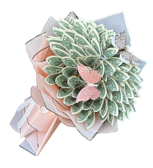 Bouquet made of money with dollar bills and butterfly decorations on a white background