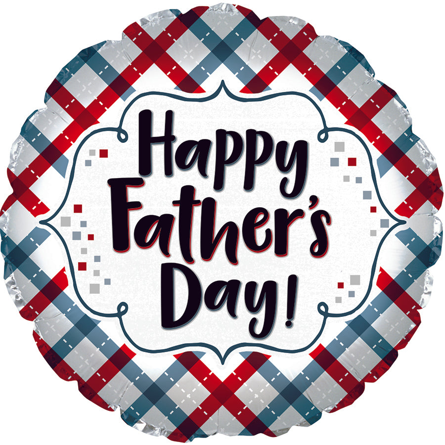 Happy Father's Day Maylar balloon with red, white, and blue plaid pattern