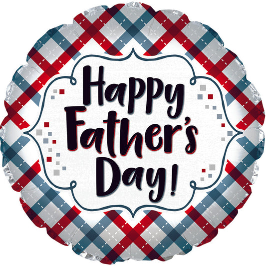 Happy Father's Day Maylar balloon with red, white, and blue plaid pattern