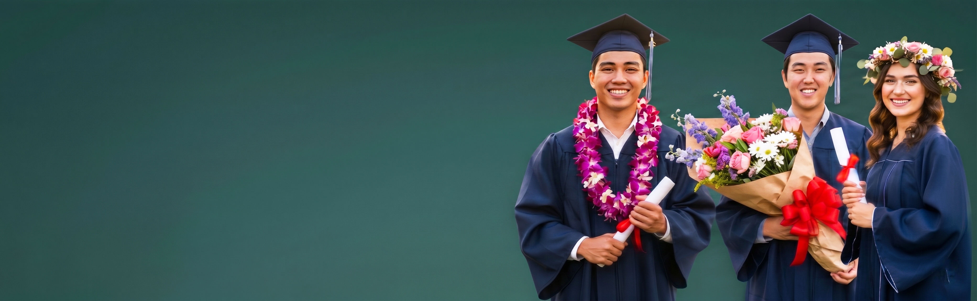 Two graduates in caps and gowns with flowers and diplomas on a green background