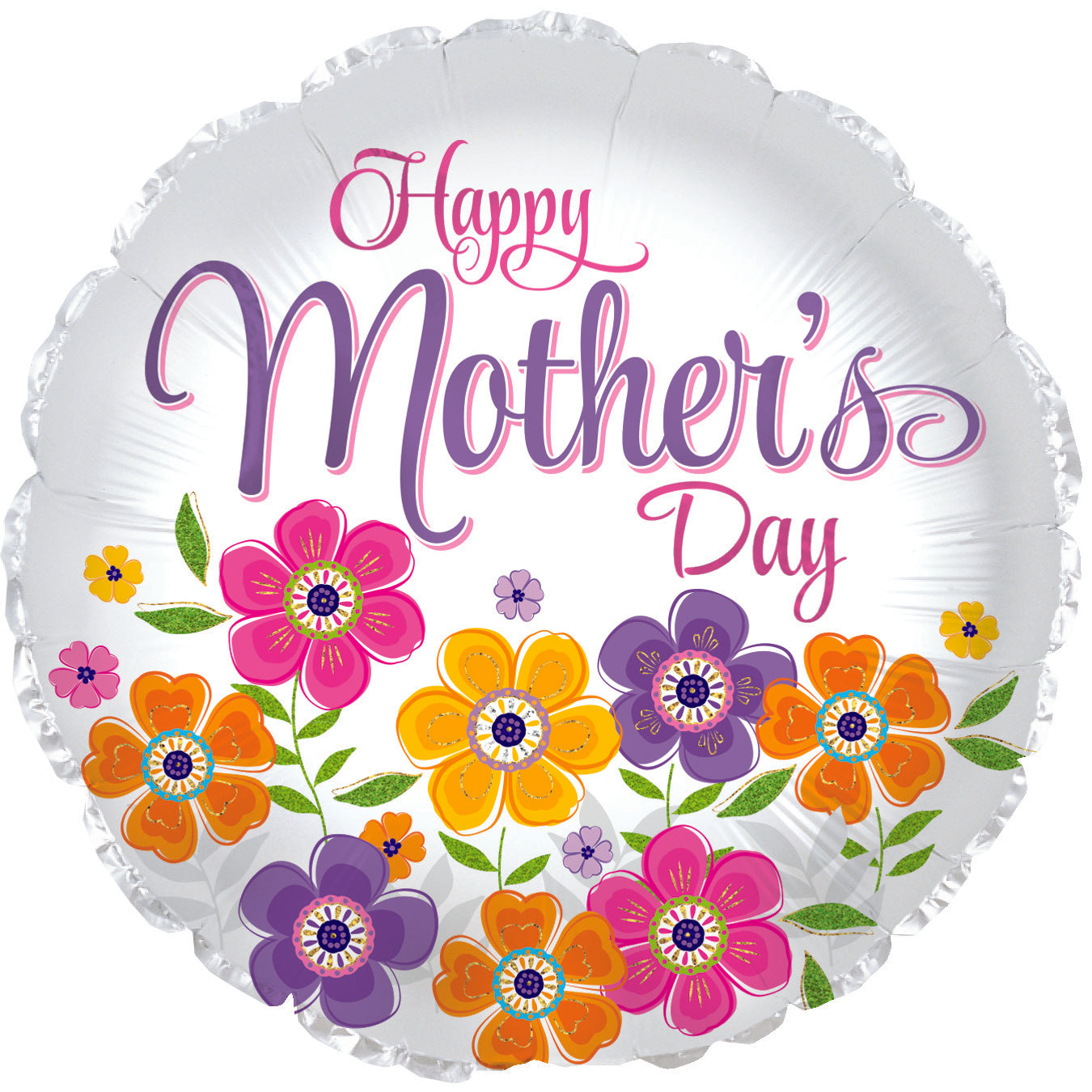 Round balloon with colorful flowers and 'Happy Mother's Day' text on a white background