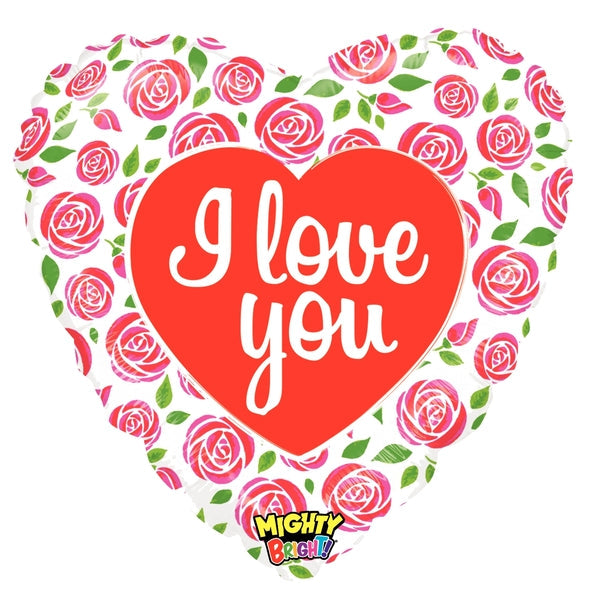 Heart-shaped balloon with 'I love you' text and floral design, featuring the Mighty Balloons logo.