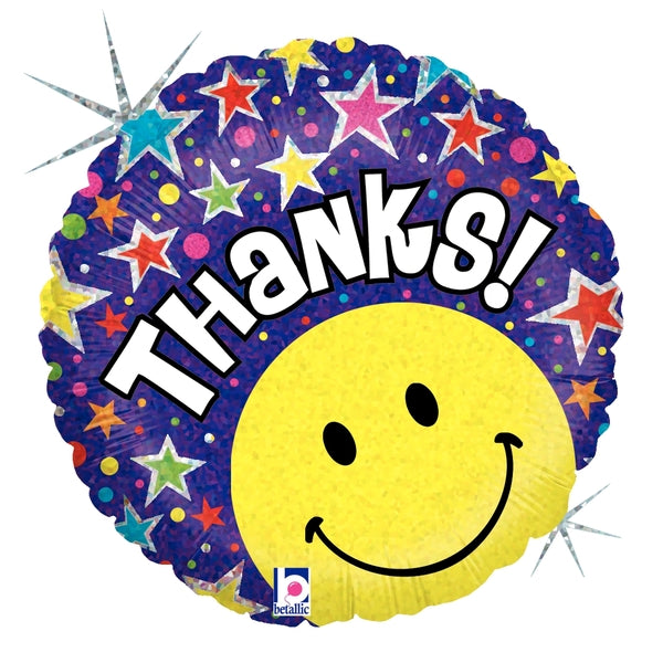 Decorative balloon with a smiley face and 'Thanks!' text on a white background