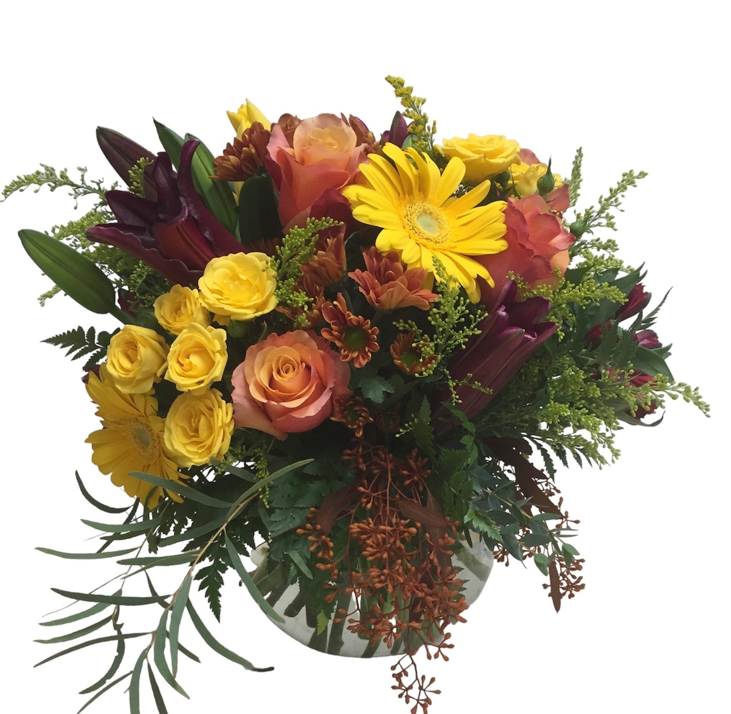 Bouquet of flowers with yellow and pink flowers on a white background