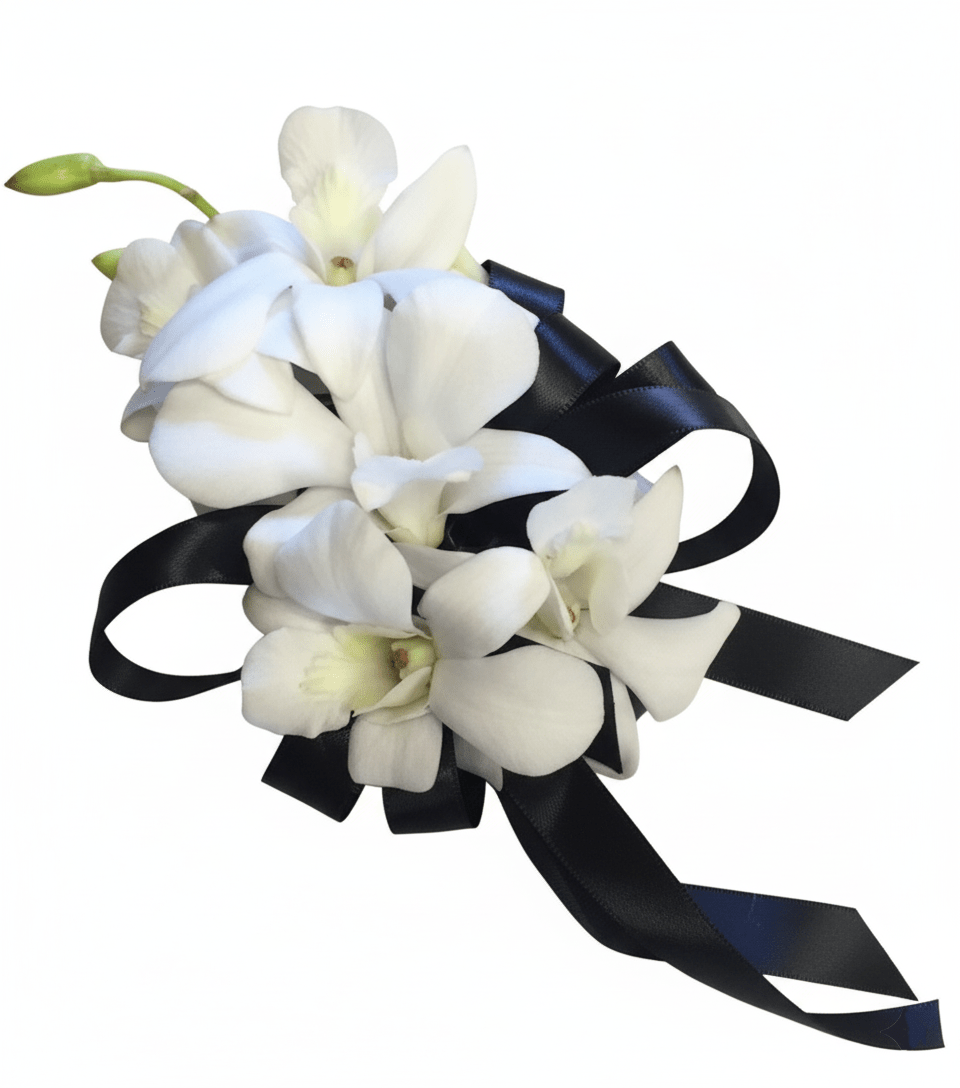 White orchids corsage with black ribbons on a white background