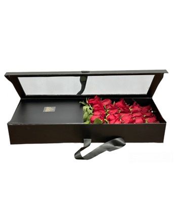 Black jewelry box with red roses on a white background
