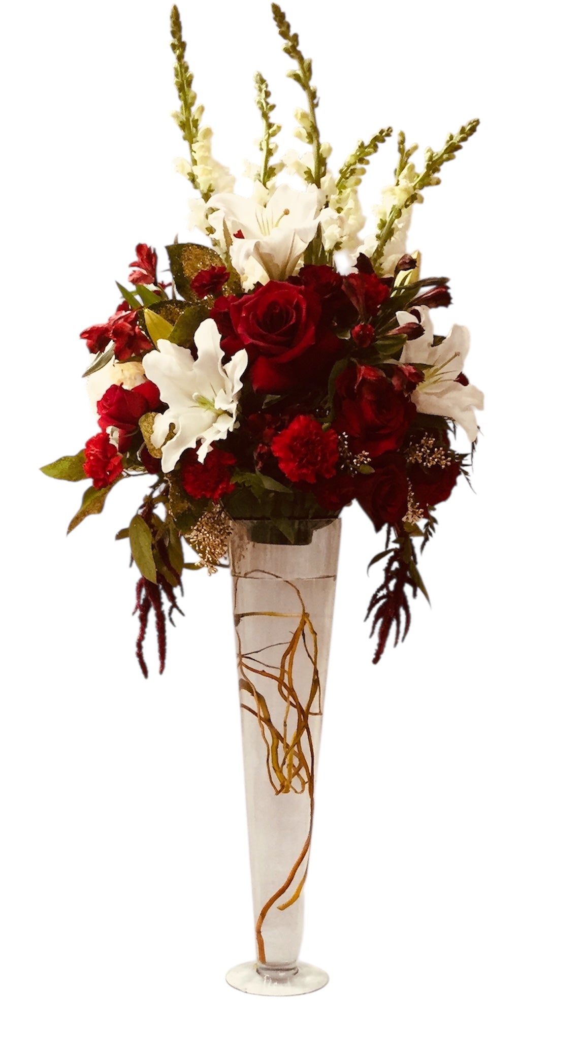 Decorative vase with a floral arrangement featuring red, white, and green flowers for wedding on a white background