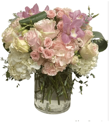 A lush floral arrangement with pink cymbidium orchids, light pink and cream roses, and white and pink hydrangeas, designed in a clear glass cylinder vase, against a white background.