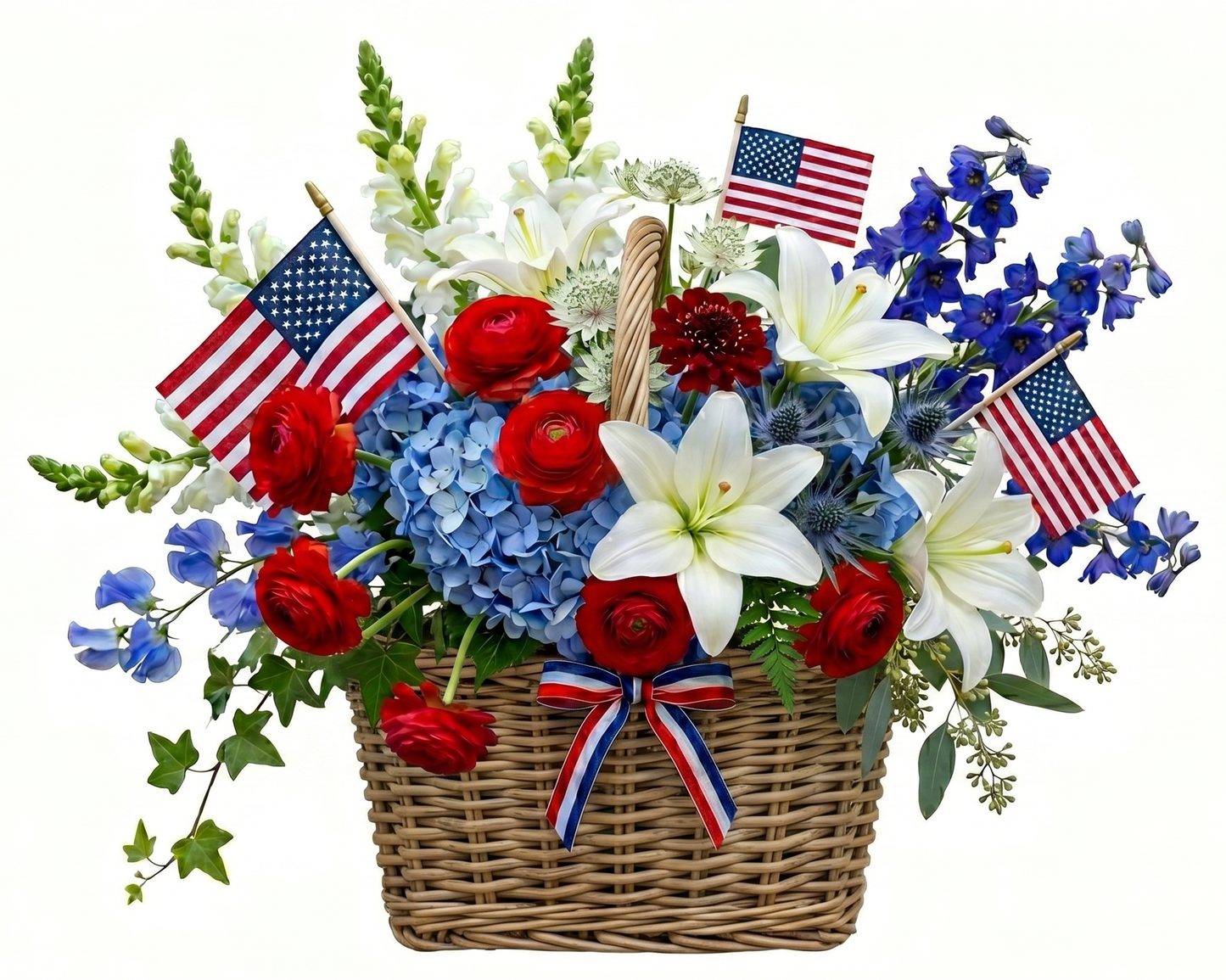 Floral arrangement in a basket with American flags on a white background