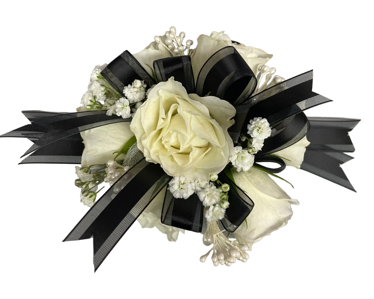 Elegant White Rose Wrist Corsage with Black Ribbon