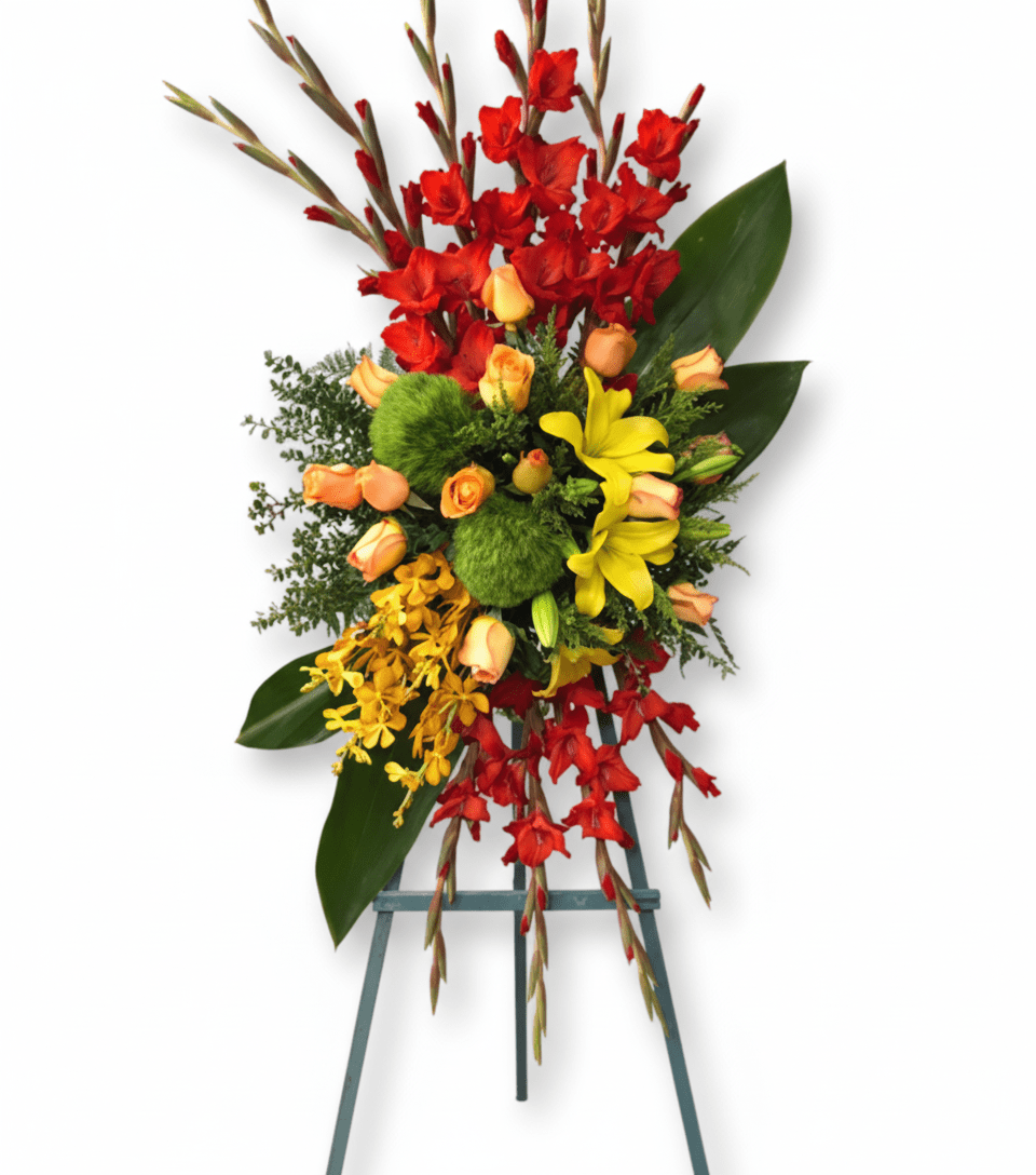 A standing floral spray called Flower of Soul, featuring vibrant red gladiolus, orange roses, yellow lilies, golden orchids, and lush greenery, arranged on a display easel.