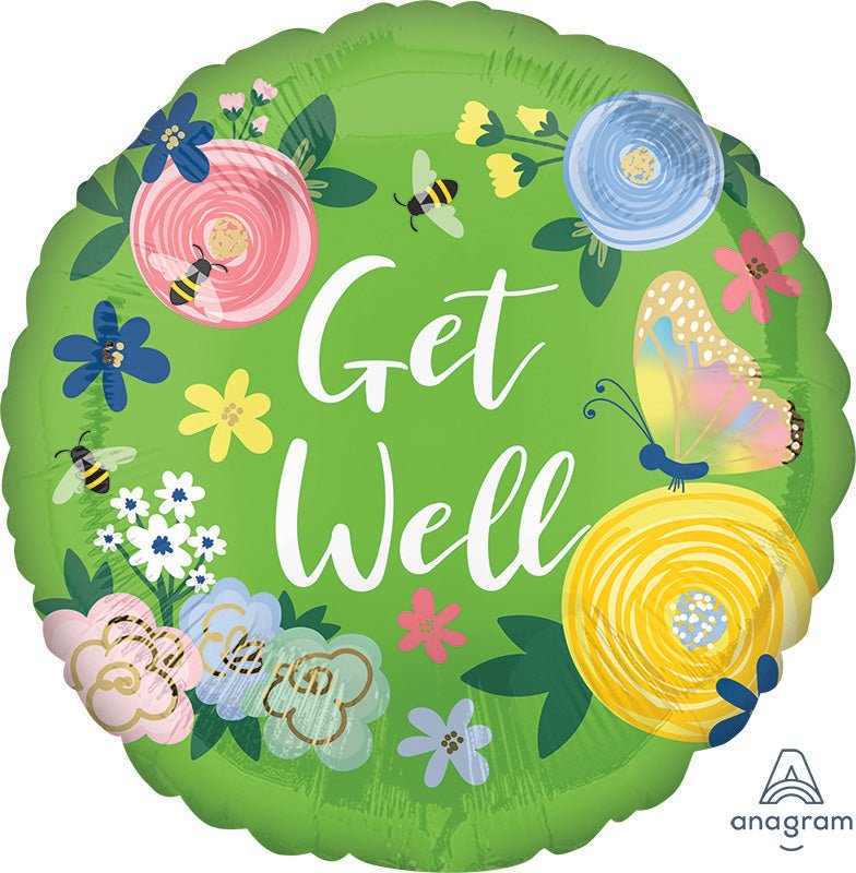 Decorative balloon with flowers, butterflies, and bees on a green background, featuring the text 'Get Well'.