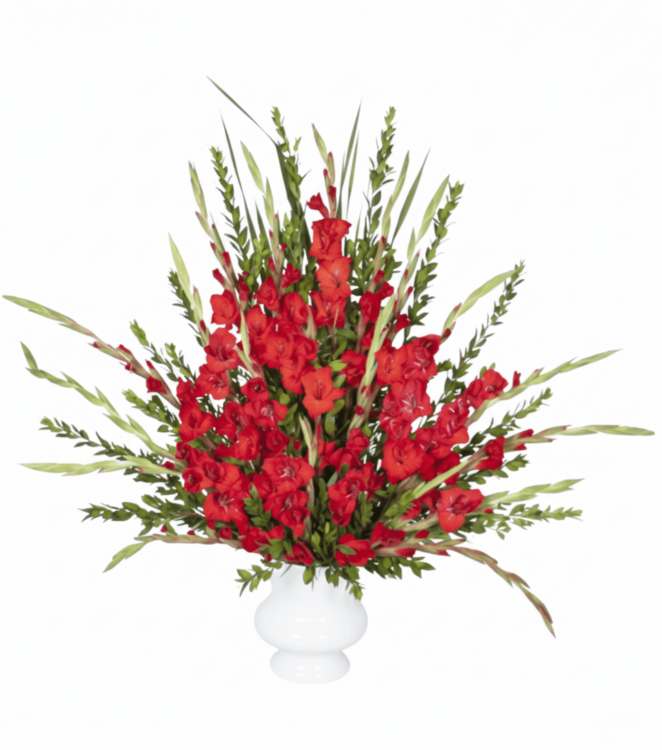 A tall, dramatic floral arrangement in a white pedestal vase, featuring numerous spikes of vibrant red gladiolus flowers and their vertical green leaves, against a pure white background.
