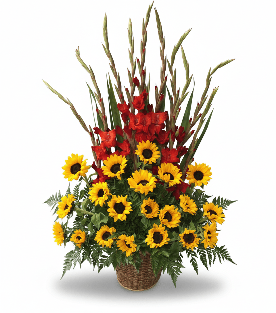 A large funeral flower arrangement in a woven basket, featuring bright yellow sunflowers and tall red gladiolus spikes, with green foliage.
