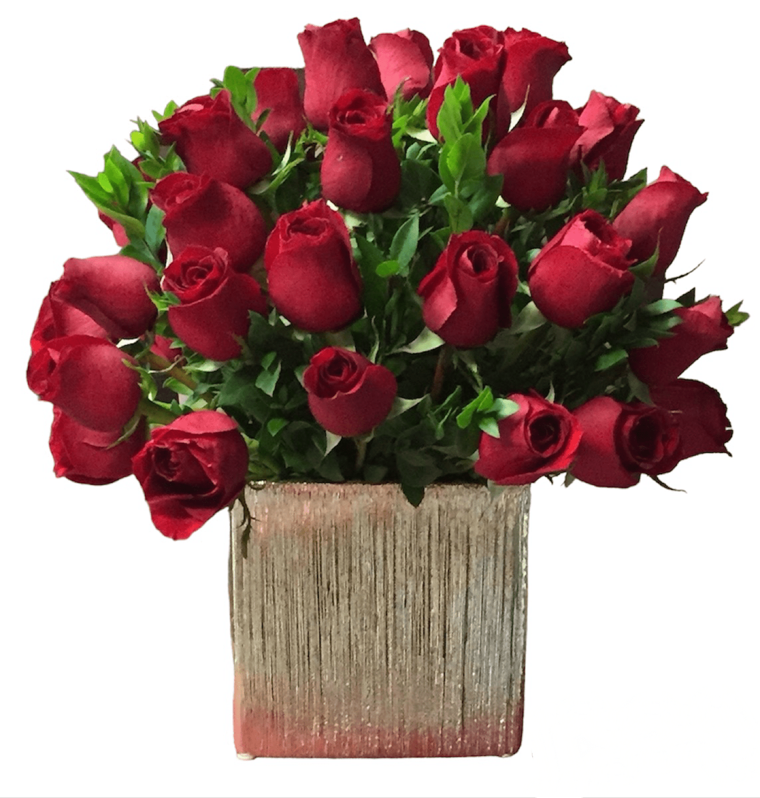 Bouquet of red roses in a decorative box on a white background
