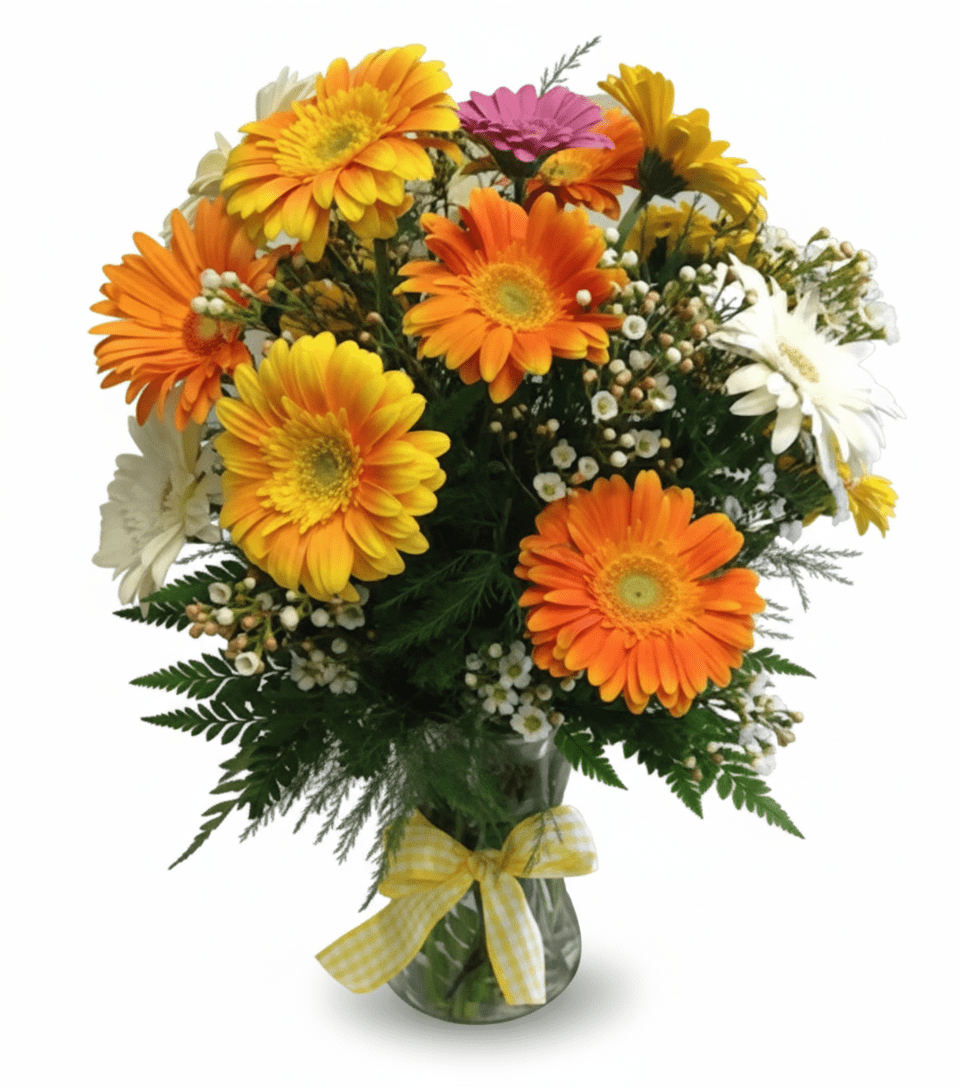 A vibrant bouquet of orange, yellow, pink, and white gerbera daisies, accented with baby's breath and green foliage, in a clear glass vase tied with a yellow gingham ribbon.