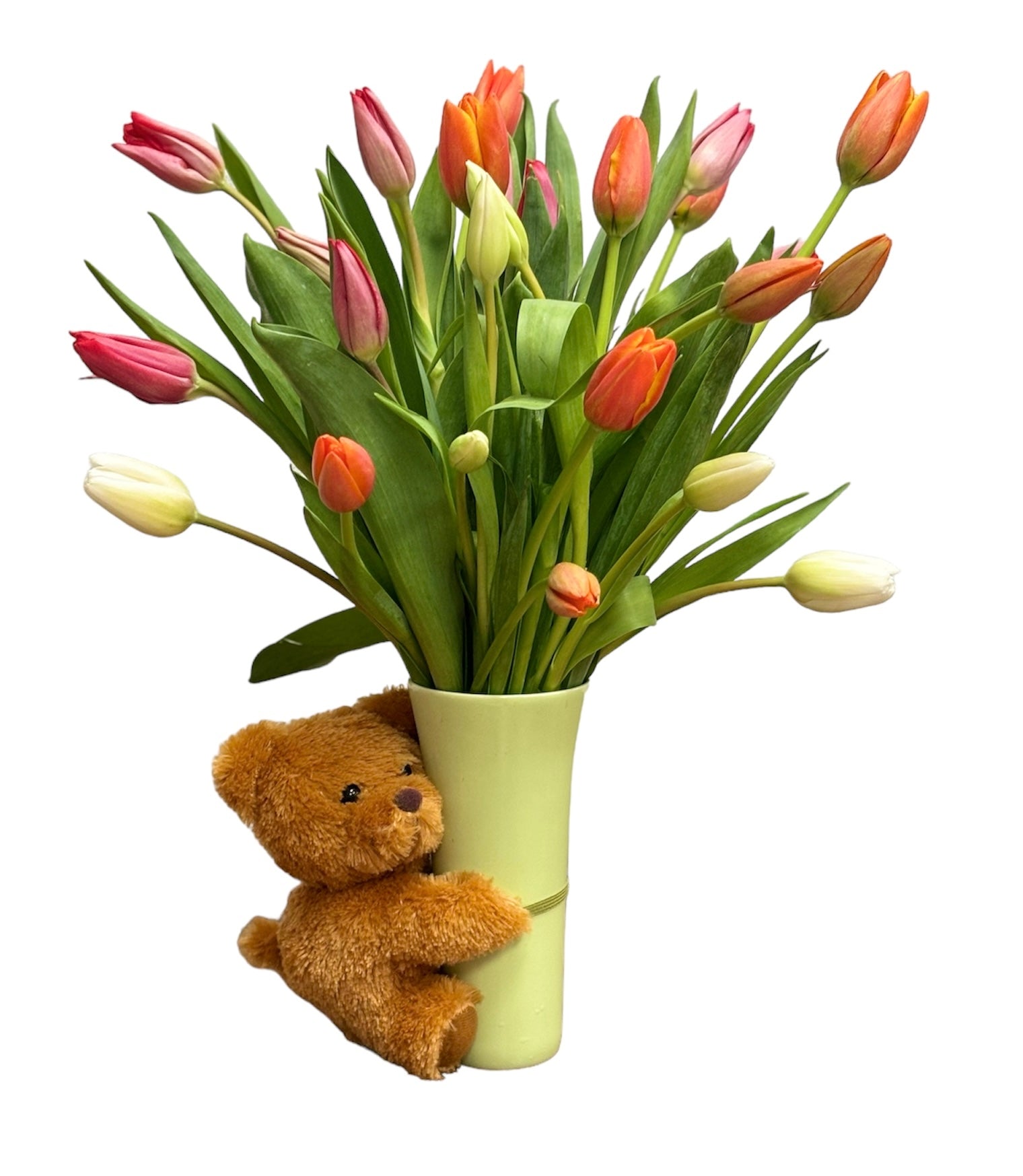 Bouquet of tulips with a teddy bear holding a green vase on a white background