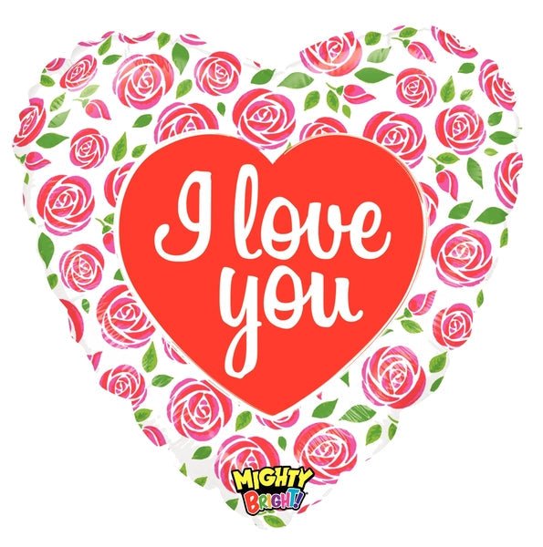 Heart-shaped balloon with 'I love you' text and floral design, featuring the Mighty Balloons logo.