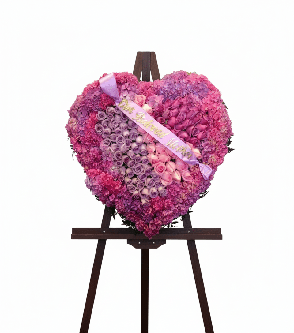 A heart-shaped funeral floral arrangement of pink and purple hydrangeas and roses, with a ribbon that says "Our Beloved Mother," displayed on an easel.