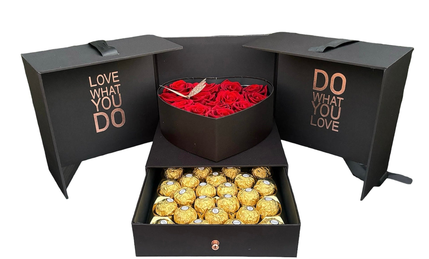 Black gift box with red roses and gold chocolate bars on a white background