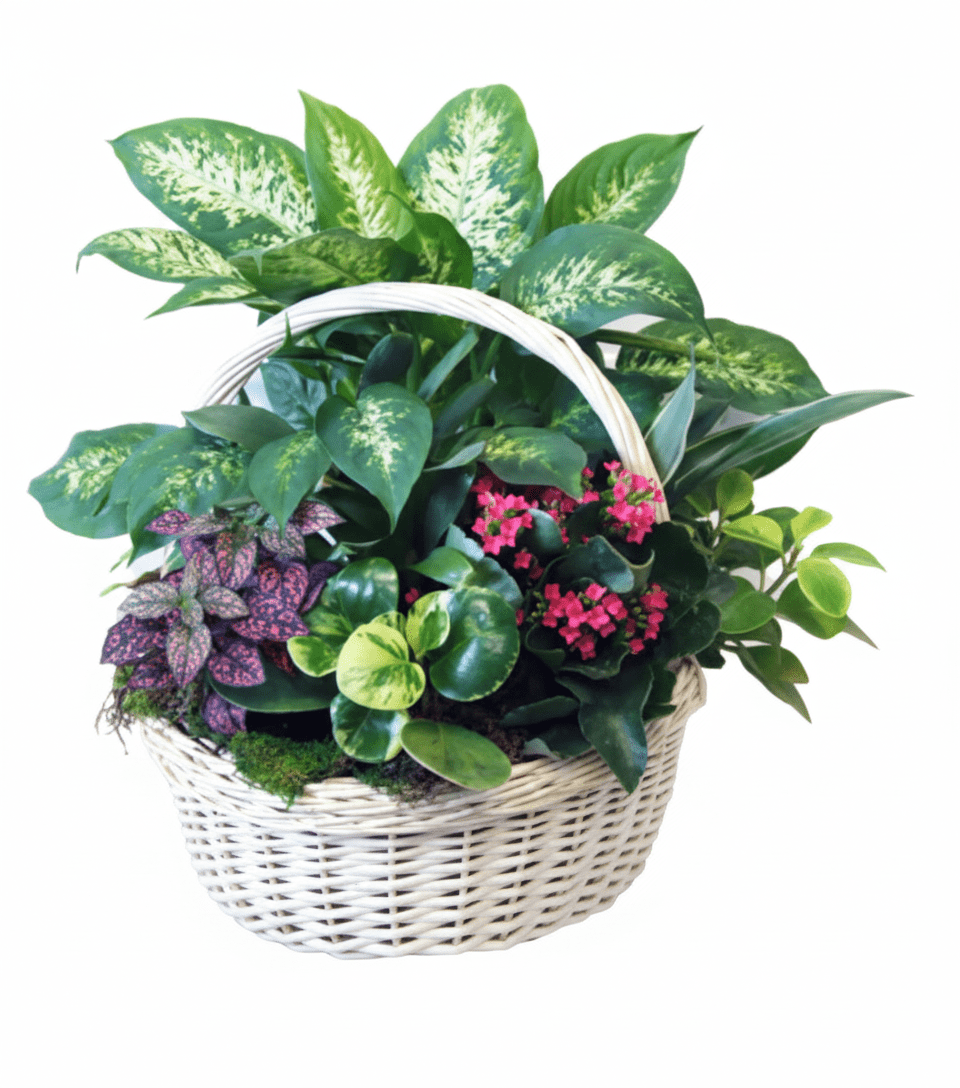 A lush white wicker basket filled with an assortment of vibrant green and colorful houseplants, including a tall Dieffenbachia with variegated leaves, a Polka Dot Plant with pink and green foliage, a flowering Kalanchoe with small pink blooms, and other various green plants, all nestled in moss, against a pure white background.