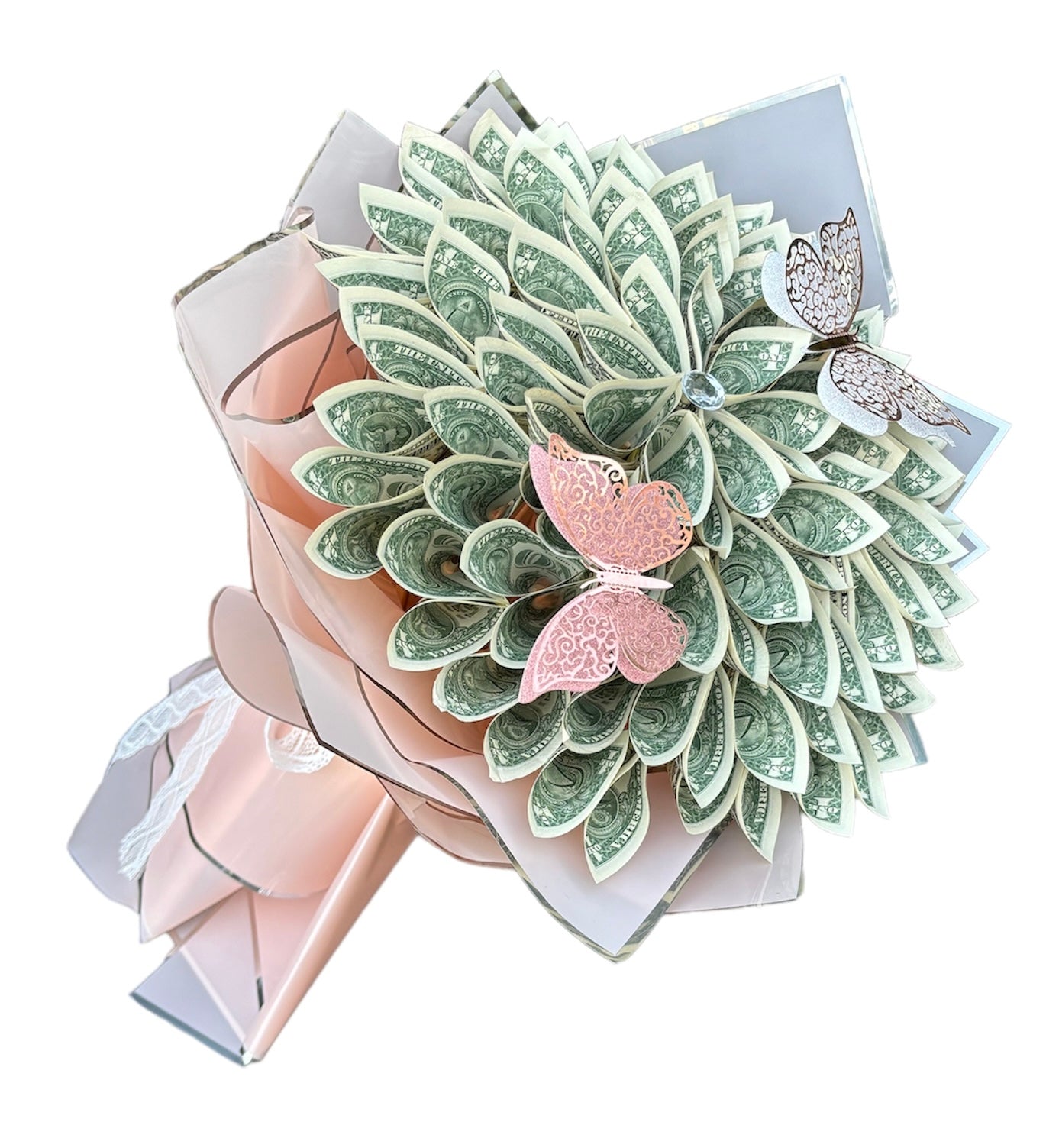 Bouquet made of money with dollar bills and butterfly decorations on a white background