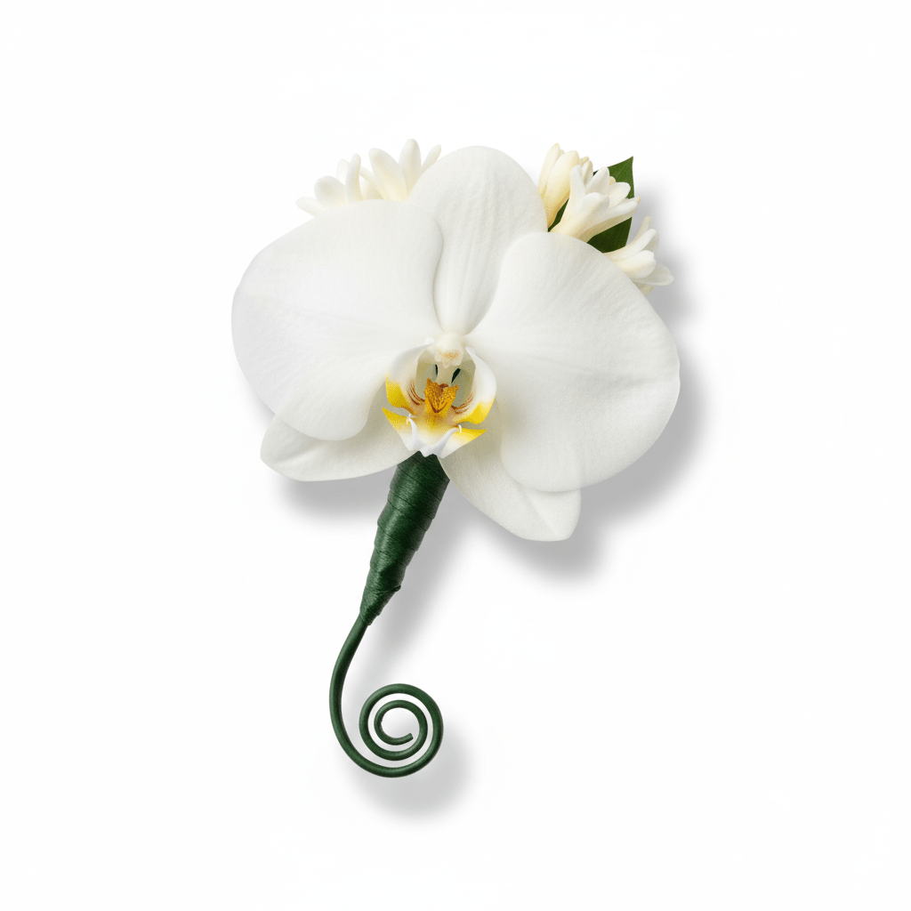 A sophisticated boutonnière featuring a large, pristine white Phalaenopsis orchid bloom with a yellow and orange center, accented by small white cluster flowers and a dark green spiraled stem, all against a pure white background.