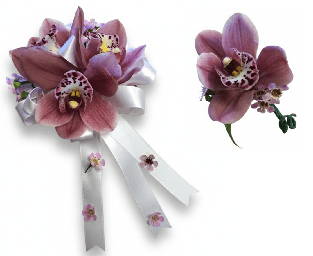 A set of pink orchid boutonniere and corsage with delicate small flowers and a green stem, on a white background