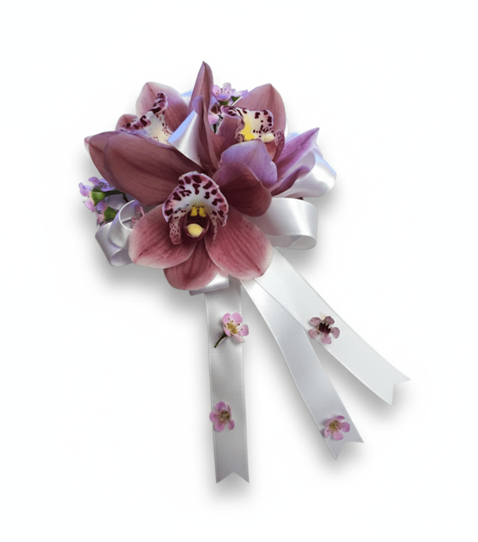Pink orchid corsage with white ribbons on a white background
