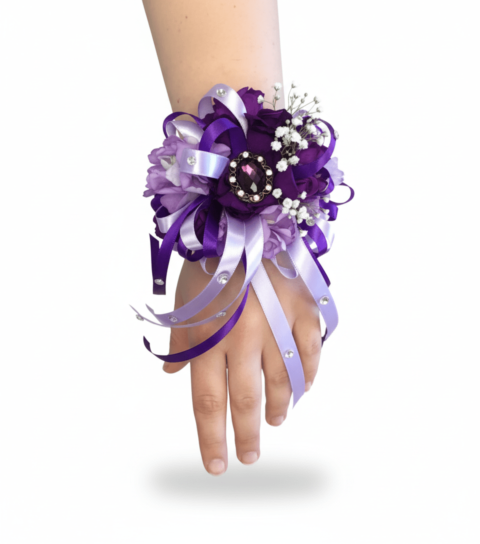 A vibrant purple and lavender wrist corsage worn on a hand, featuring multiple shades of purple flowers, delicate baby's breath, various satin ribbons in light and dark purple with embedded rhinestones, and a central jewel accent, all against a pure white background.
