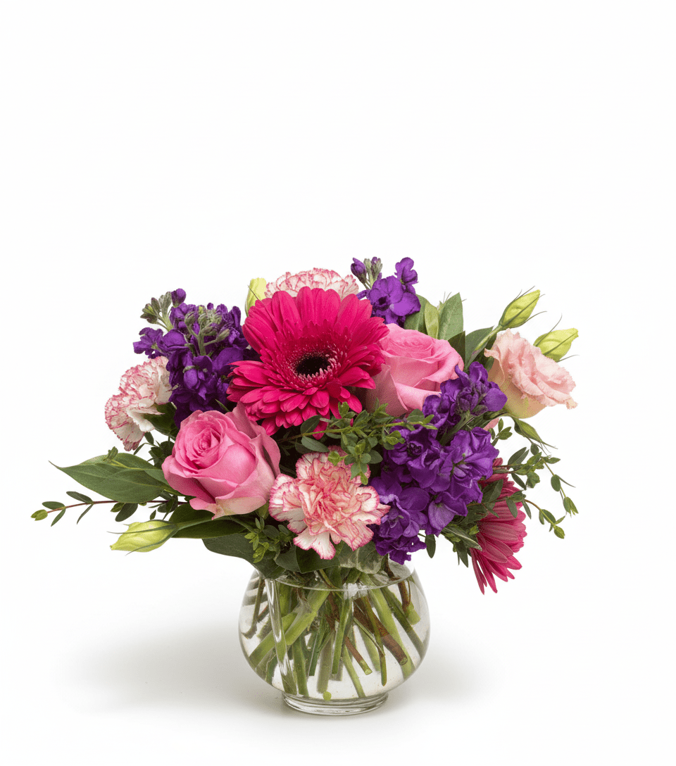 Bouquet of colorful flowers in a clear vase on a white background