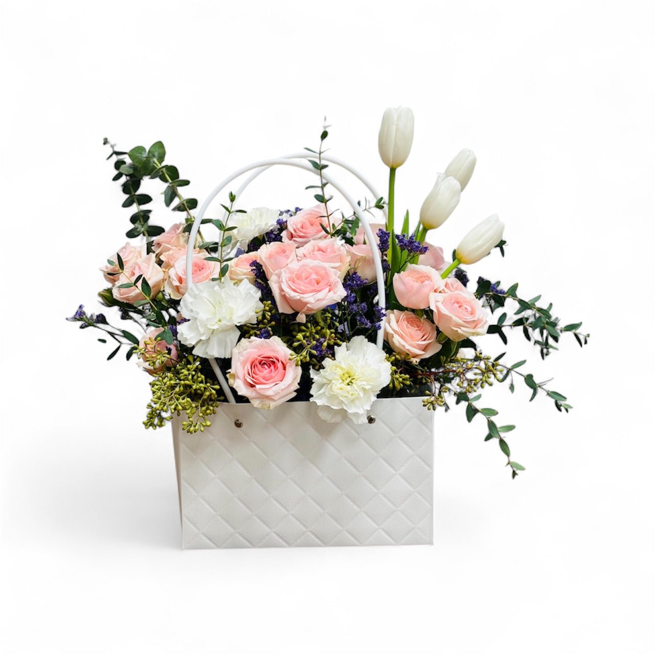 Floral arrangement in a white box