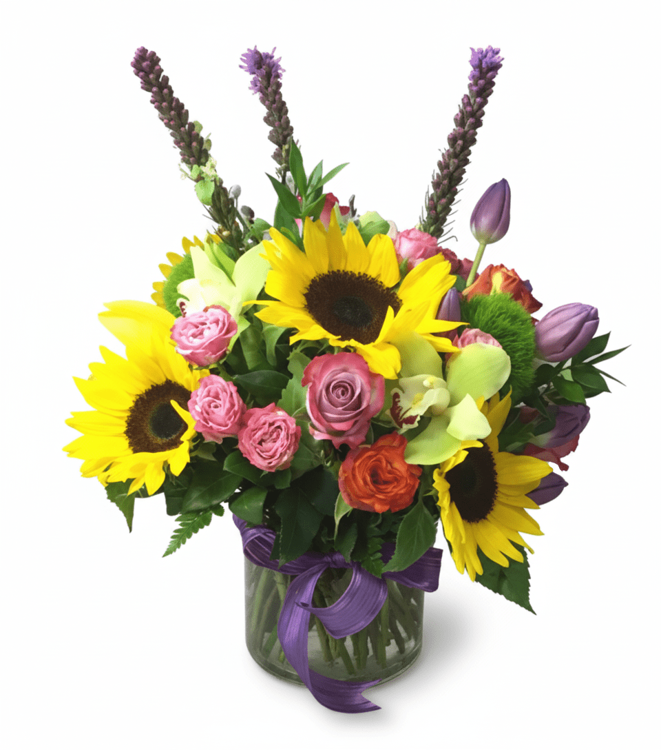 A bright floral arrangement in a clear glass vase with a purple ribbon, featuring bold sunflowers, purple spiky flowers (liatris or lavender), pink and orange roses, green cymbidium orchids, and purple tulips.