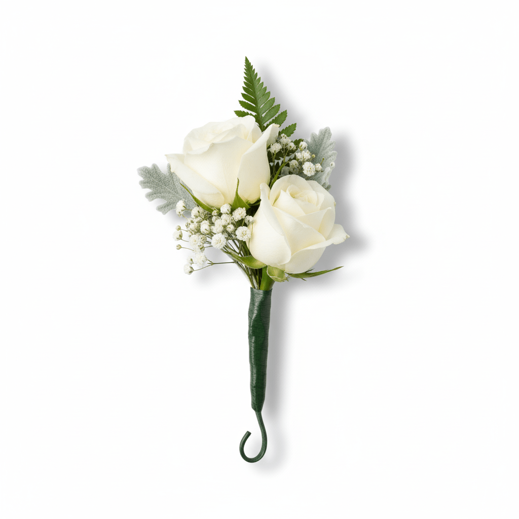 A white rose boutonnière with two fully bloomed white roses, delicate baby's breath, green fern, and dusty miller foliage, all wrapped with a dark green stem, against a pure white background.