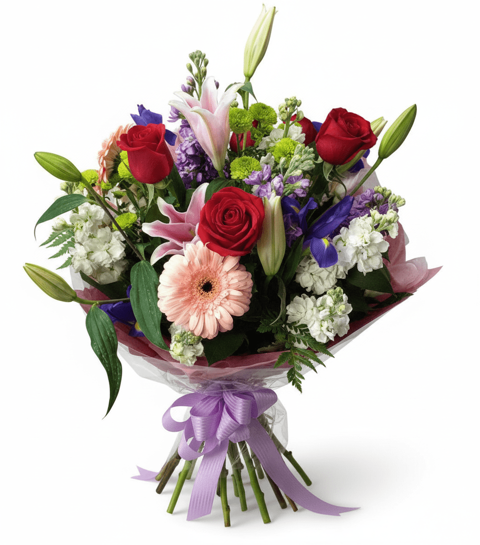 A colorful wrapped bouquet with red roses, pink lilies, and other mixed flowers.